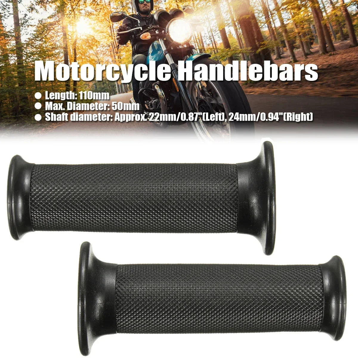 2PCs 22mm Universal Black Rubber Motorcycle Handlebars Hand Grips