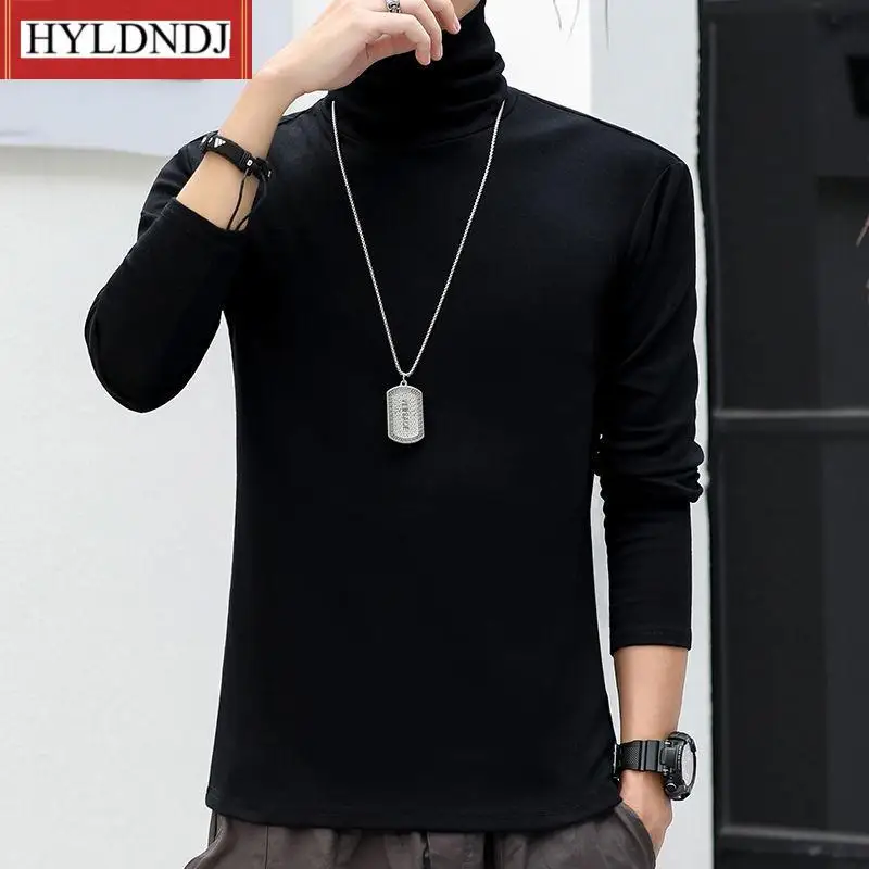 Male New Casual Jumpers Autumn Winter Turtleneck for Men Solid Colour Slim Elastic Pullover Long Sleeve T Shirts 2023