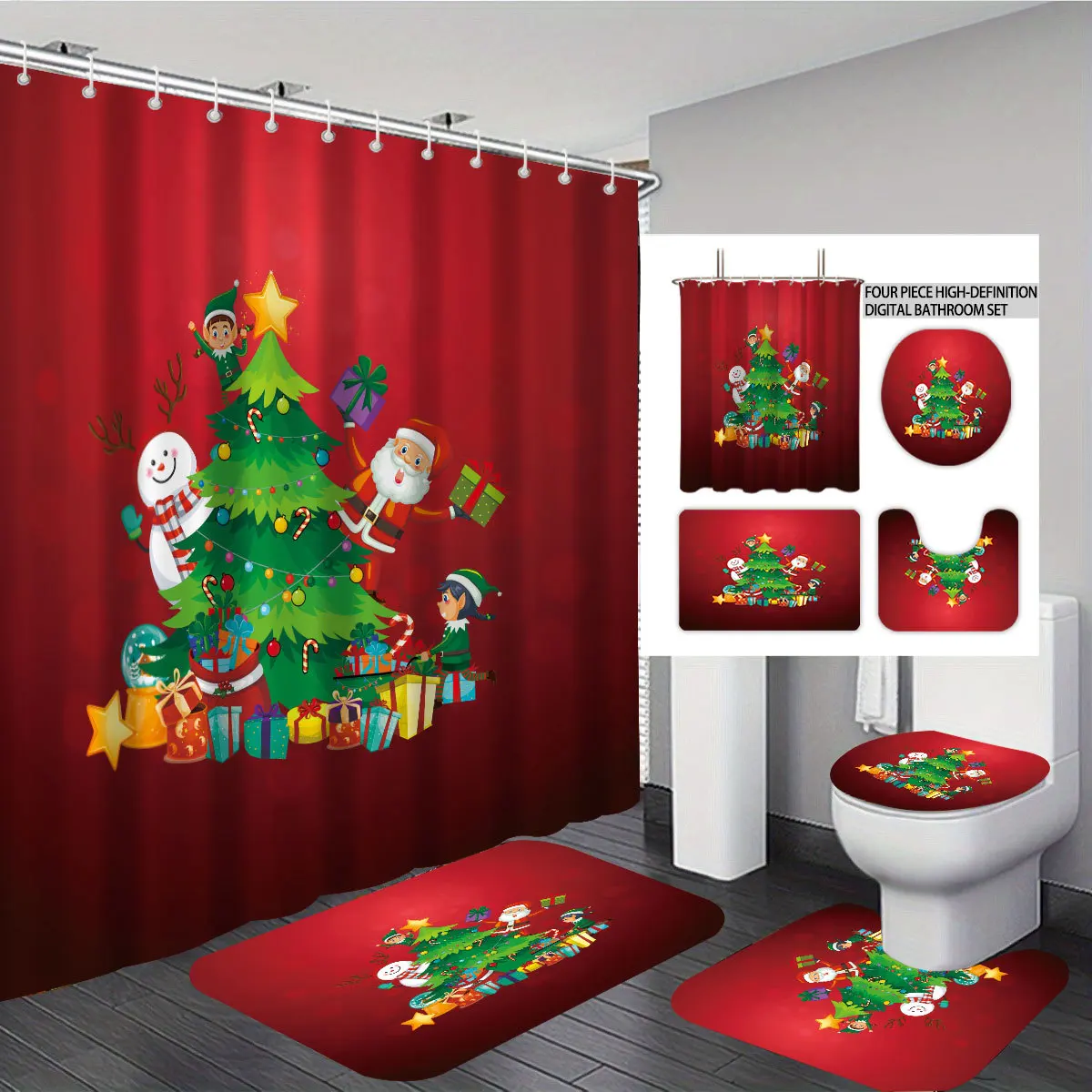 

1/3/4pcs Shower Curtain 3D Print Polyester Curtain for Bathroom Decor 4pcs Set Toilet Seat Cover Bathroom/U-shaped Floor Mat