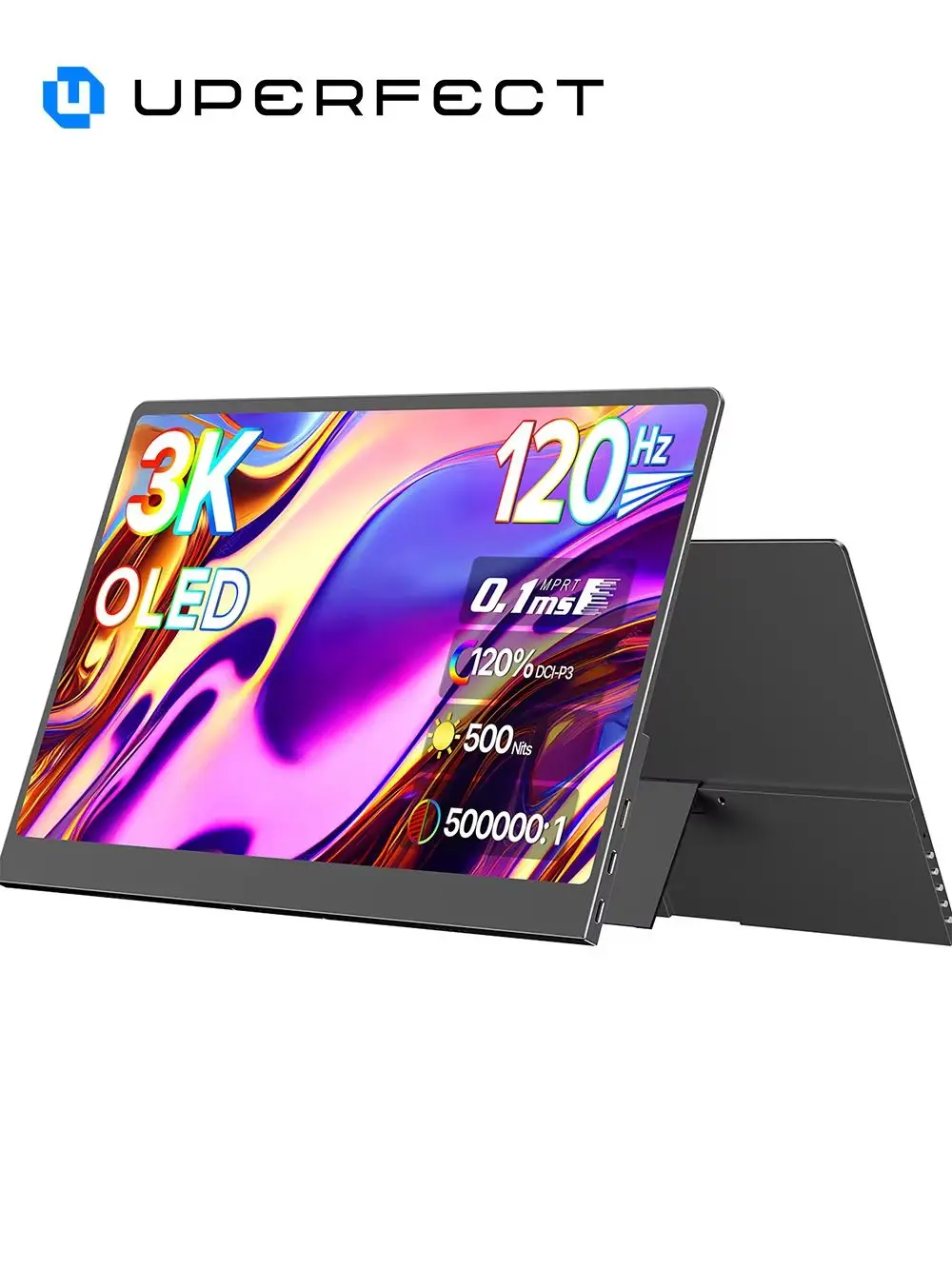 UPERFECT 14-Zoll tragbarer OLED-Monitor – 3K, 120 Hz, 0,1 ms Reaktionszeit, Gaming-Display (2880 x 1800), 500 Nits, 120 % DCI-P3, Kontrastverhältnis 500.000:1, ultraschlanker externer Bildschirm für
