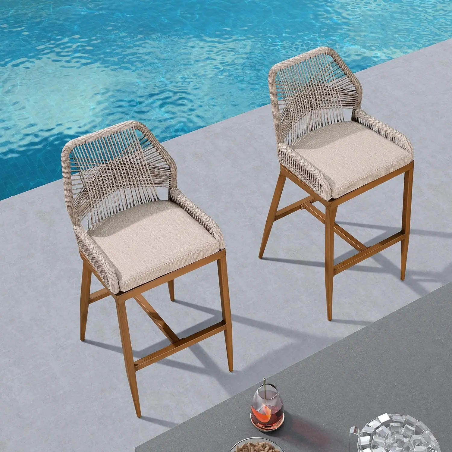 Counter Height Bar Stools Set of 4 Rattan Chair Boho Wicker Metal Counter Stools with Back and Footrest