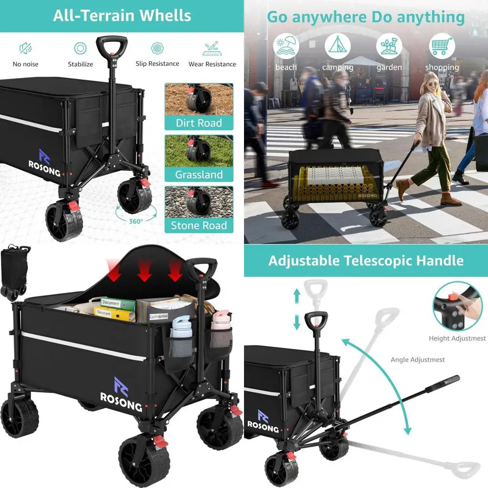 

Складная универсальная тележка с усиленными колесами, объемом 120 л, черная, для продуктов, сада, кемпинга и спорта, с чехлом.