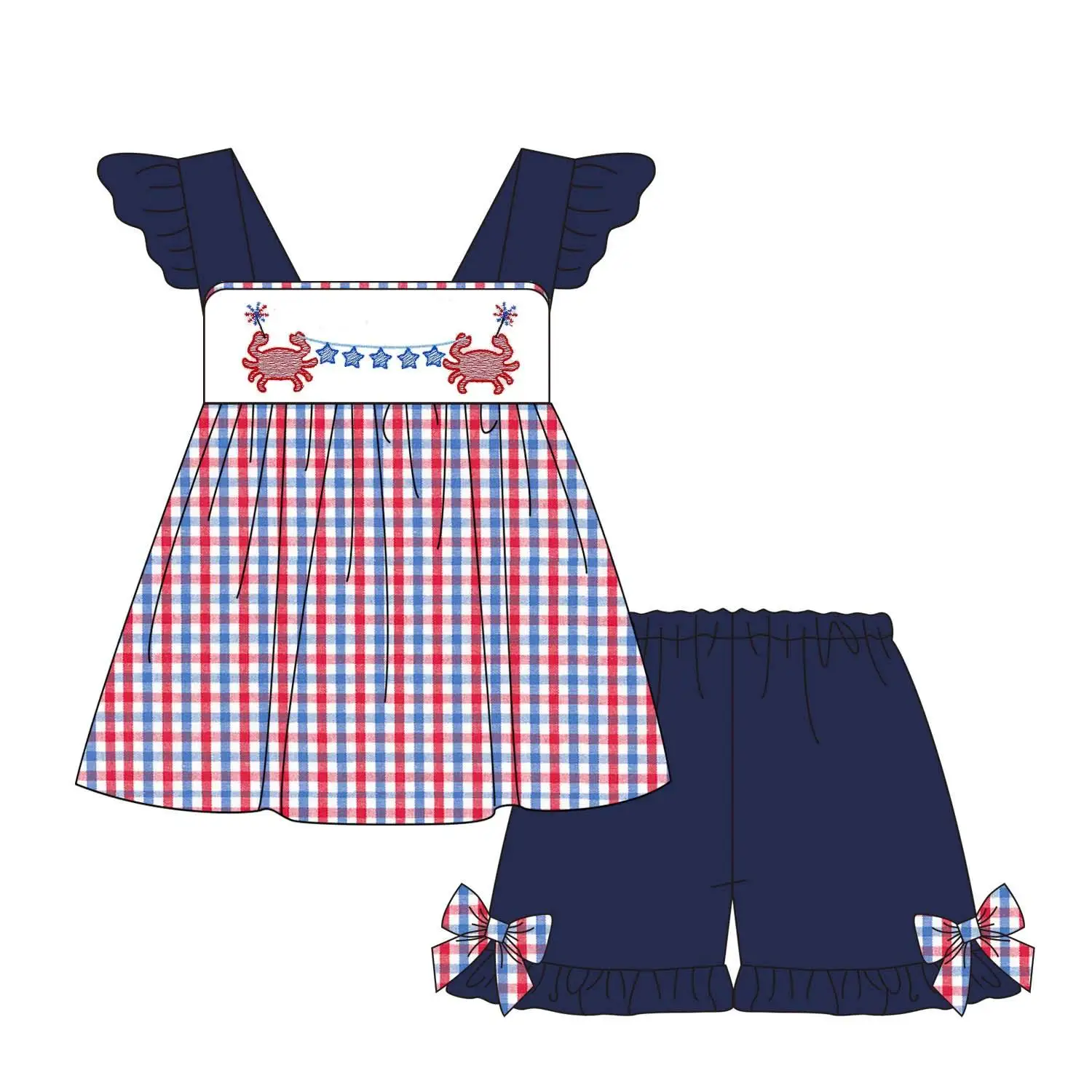 New Kids 4th of July Clothes Girl Boy Patriotic Crab Outfit Red White Blue Gingham Top Shorts Baby Romper