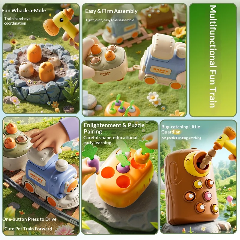 Multifunctional Pull Along Train Car Pulling Carrots and Ringing Bells Interactive Educational Toy Develop Hand Eye Coordination