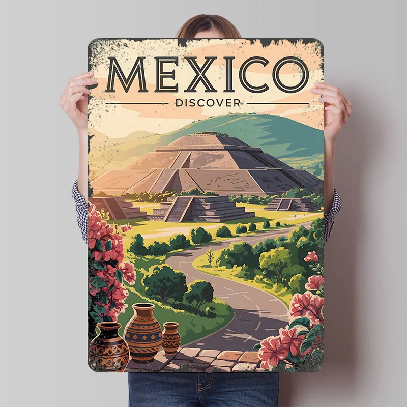 Mexico Travel With Pyramid Tin Plaque Poster Customized Wall Art Retro Vintage Metal Signs for Man Cave Gaming Room Decoration