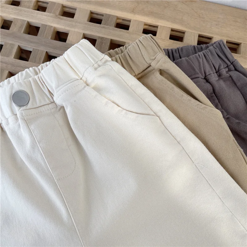 2-7Y New Autumn Casual Pants Solid Color Elastic Waist Pants with Side Pockets for Boys Girls Cotton Trousers Daily image 4