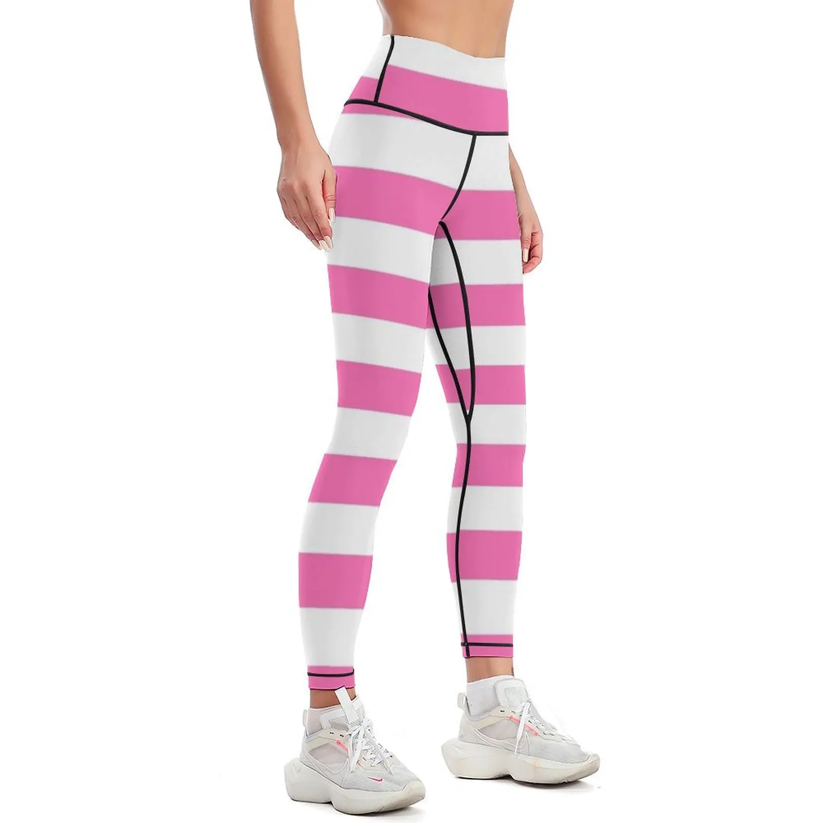 Hot Pink and White Horizontal Stripes Leggings sport legging jogging pants fitness set gym Womens Leggings