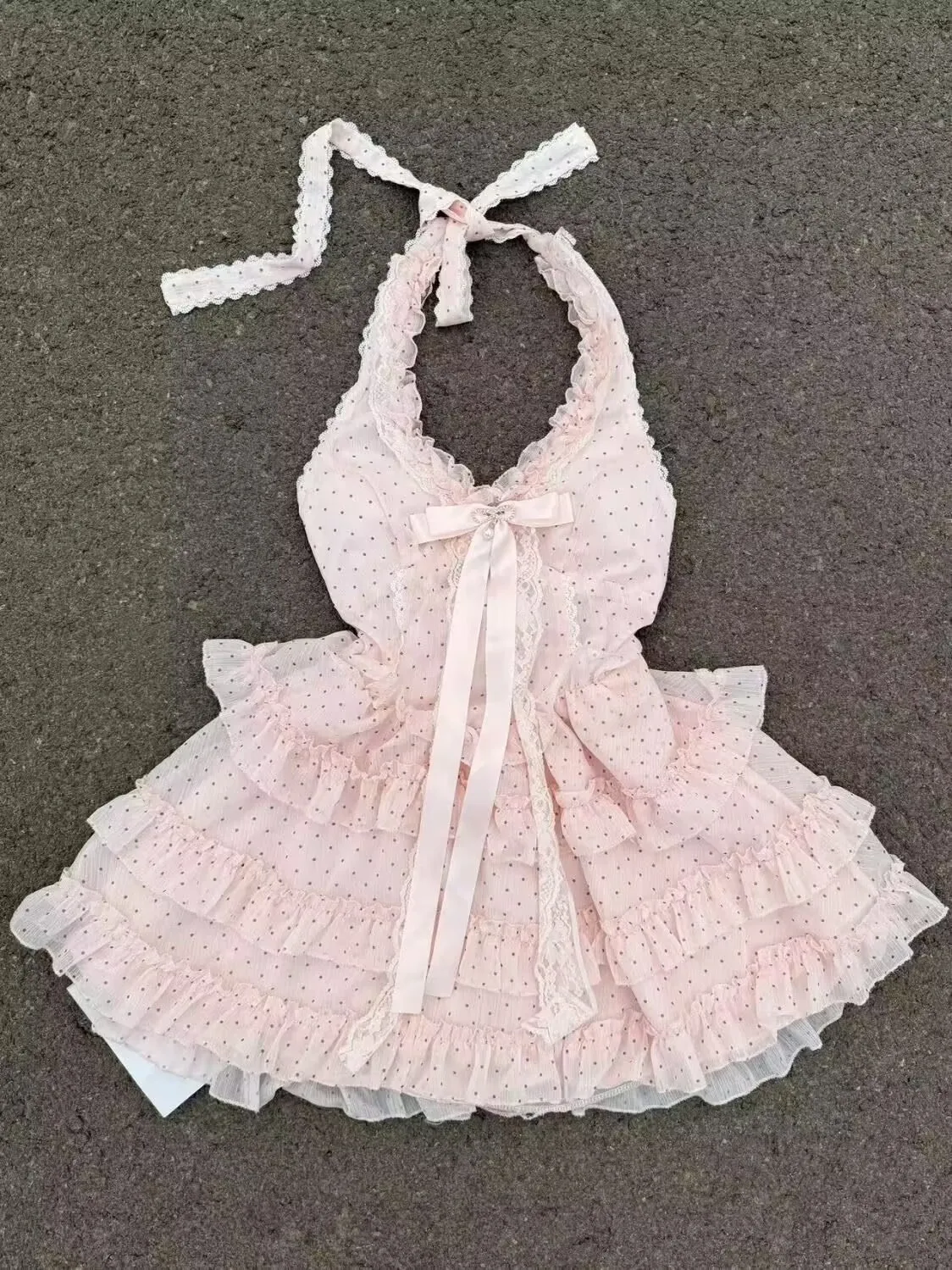 Gaun Musim Panas Fashion Korea Gaun Merah Muda Y2K Manis Gaun Mini Desain Polkadot Pita Lolita Wanita Pakaian Chic Wanita