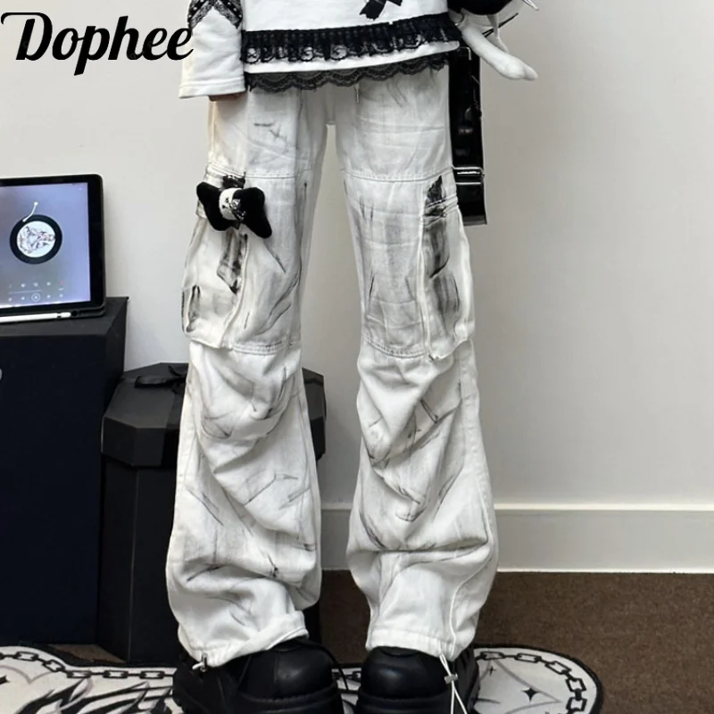 Dophee Subculture Y2k American White Cargo Pants Spring Summer Casual Denim Trousers Elastic Waist Wide Leg Dancing Jeans 2024