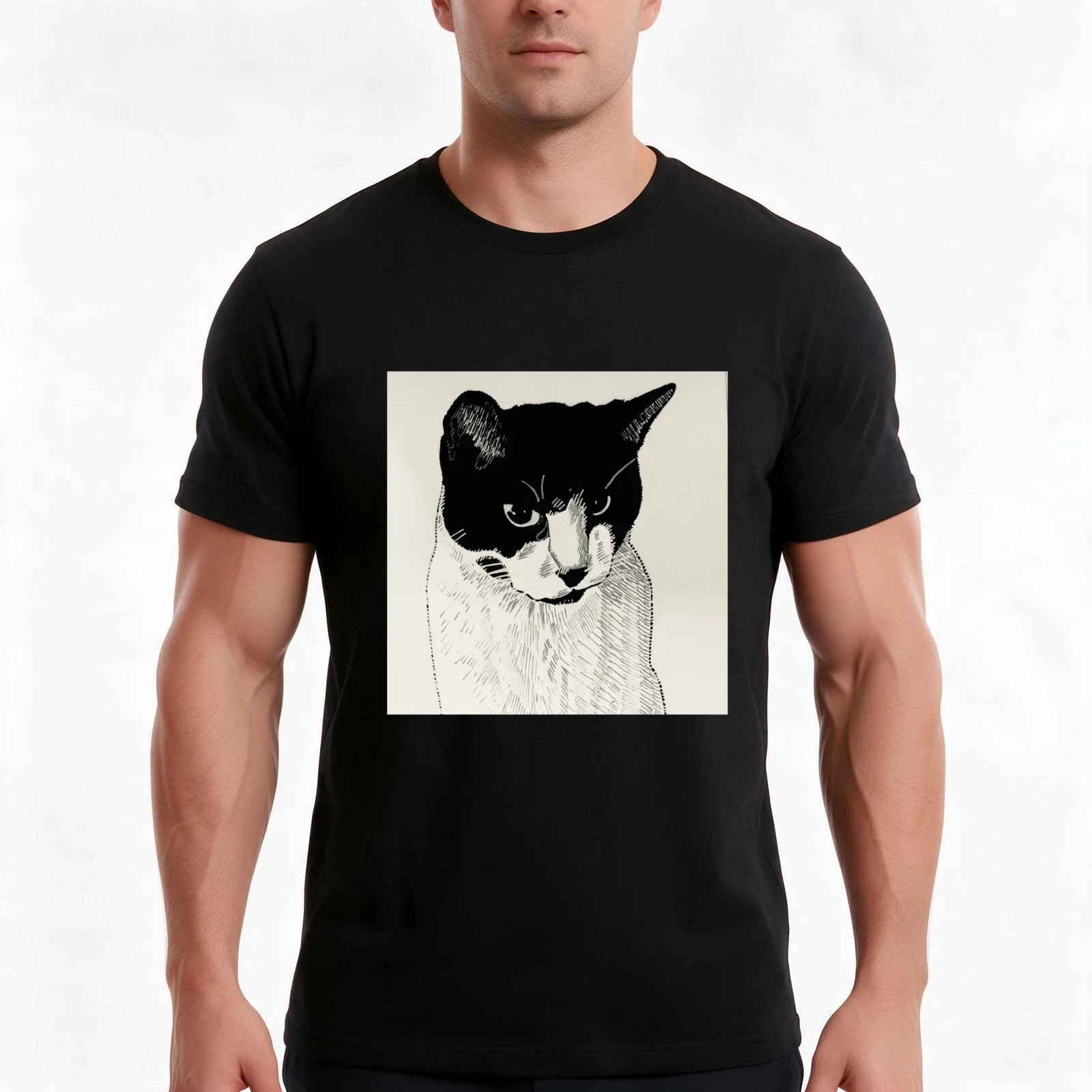Tengu the pet cat is cute and cuddly artwork (black/white) T-Shirt, Summer Casual Cotton Tee, Oversized Streetwear Tops
