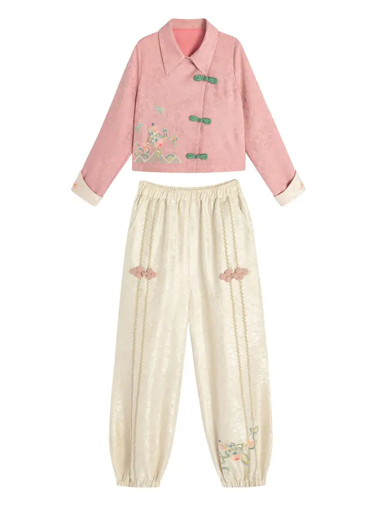 Traditional Chinese Clothing Embroidery Fashion Set Women\'s Coat Top Casual Pants Two Piece Set Spring and Autumn Modern Student