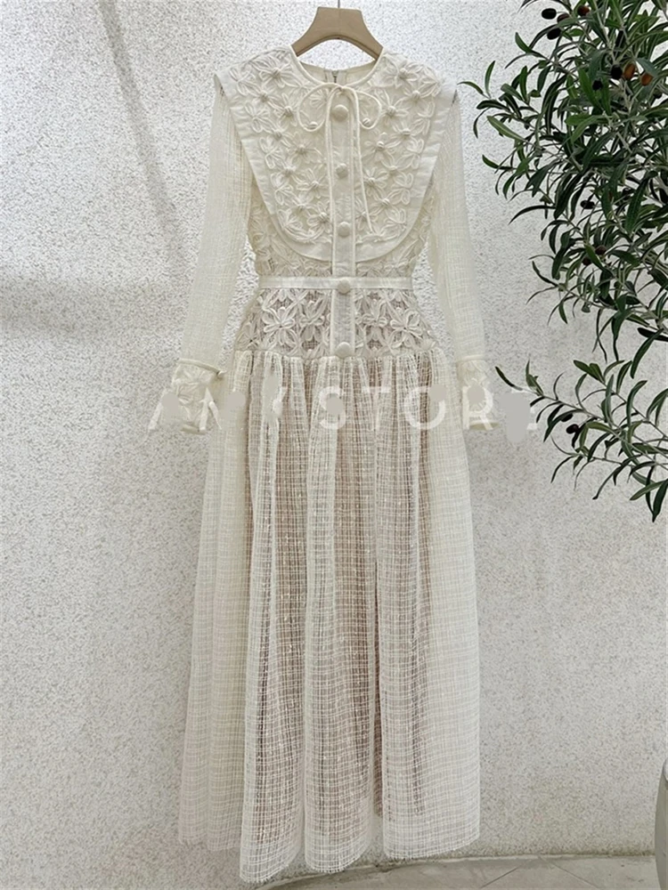 Vintage Lace Woman High Waist Autumn Elegant 2023 Dress Luxury Embroidery Party Runway Long Sleeve Boho Spring Dresses Women