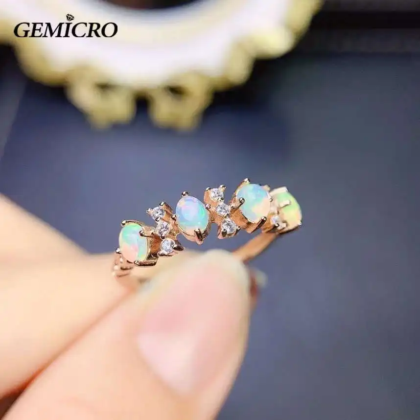 Gemicro 3mm*3mm Natural Opal Silver Ring for Party 100% Natural Dyed Opal Ring Solid 925 Silver Opal Jewelry Gift for Woman