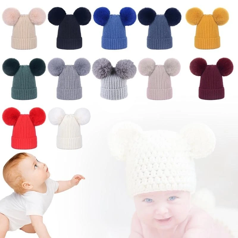 

J15U Winter Baby Soft Wool Warm Caps Fur Ball Cap Kids Girls Boys Knitted Hemming Hat