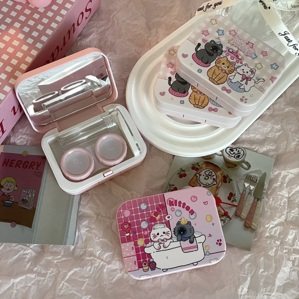 Cute Kitten Contact Lens Case With Mirror Compact Contact Lens Care Box For Women Portable Beauty Pupil Container Travel Kits