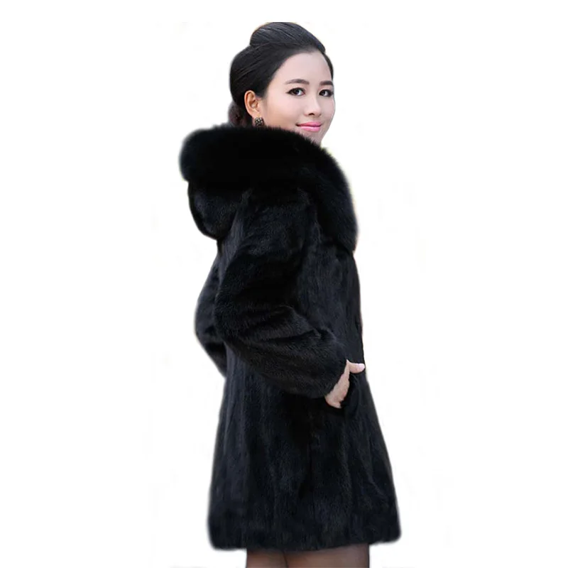 Faux Fur Mink Fur Coat Hooded เกาหลีสไตล์ขนสัตว์กลางความยาว