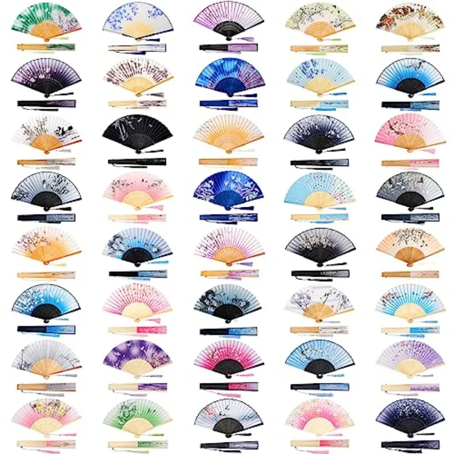 

40 Pcs Floral Hand Fans for Line Dancing Chinese Vintage Style Silk Clap Folding Fan Bamboo Framed Fabric Silk with Elegant Tas