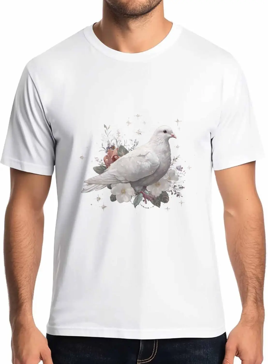 

White Pigeons Flower Mens T-Shirts,Short Sleeve T Shirts for Men Crew Neck Tee Bird on Floral Men's T-Shirts