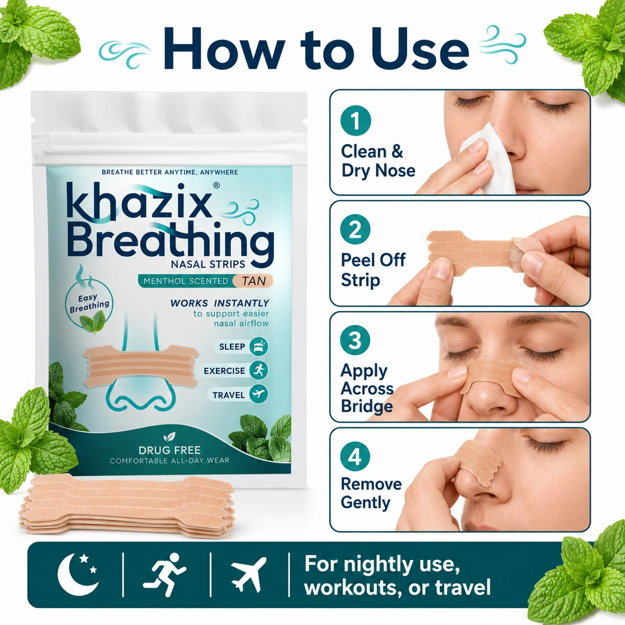 Mint Nasal Strips, Drug-Free Breathing Support Strips for Sleep, Exercise & Travel, Men and Women.