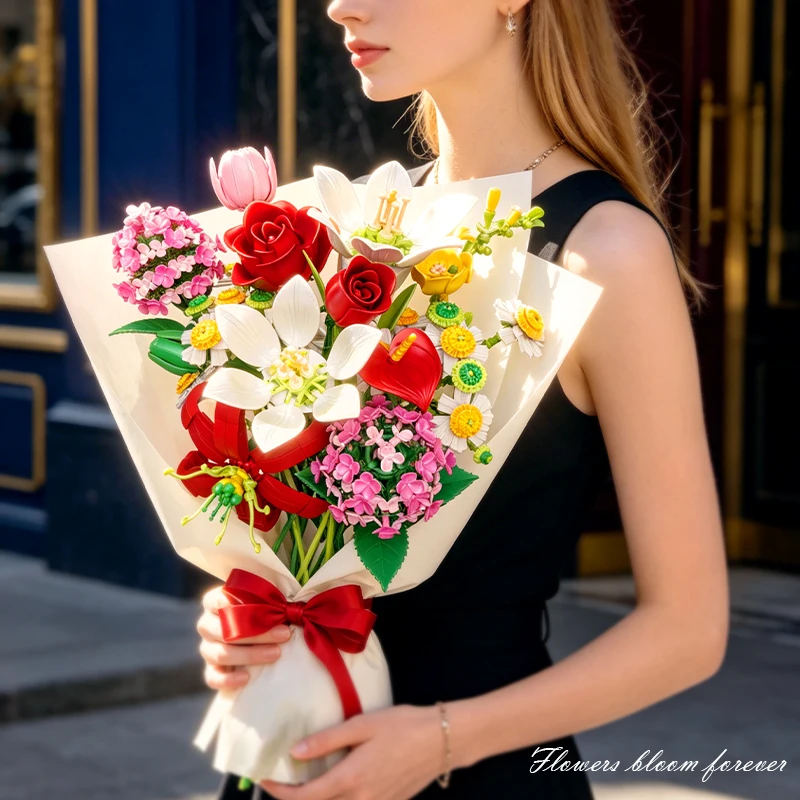 Splendid Fantasia Floral Bouquet Blocks Rose Lily Tulip Bricks Table Decor Valentine Day Gift For Her DIY Assembly Puzzle Toys