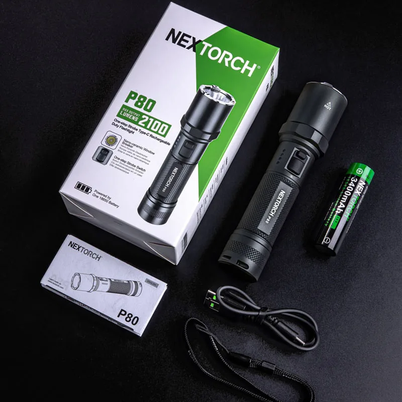 Nextorch P80 (Upgraded version)Duty/Tactical Flashlight, 2100 Lumens18650 Battery, Rechargeble Compact,Type-C Direct Charging