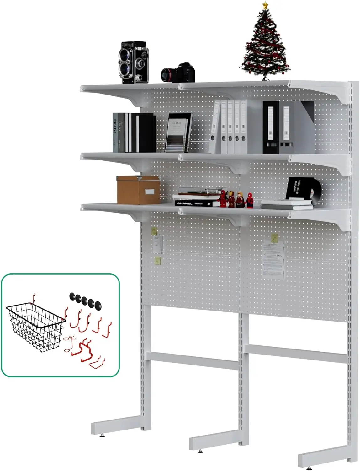 

Standing Shelf Unit, White Home Office Garage cabinets with Metal Pegboard and 15 Pieces Organizer Tool Holders