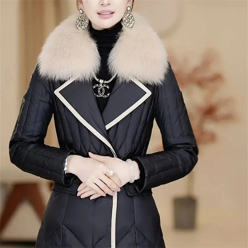 2024 Winter Female New Thickened Waist Down cotton Jacket Imitation Big Fox Fur Collar Medium Long Belt Flip Collar High end