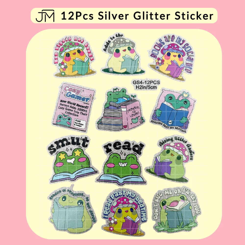 12pcs Reading Frog Bookish Self-Adhesive Gold Silver Glitter UV Sticker Waterproof Decal For Cup Notebook Gift DIY Decoration