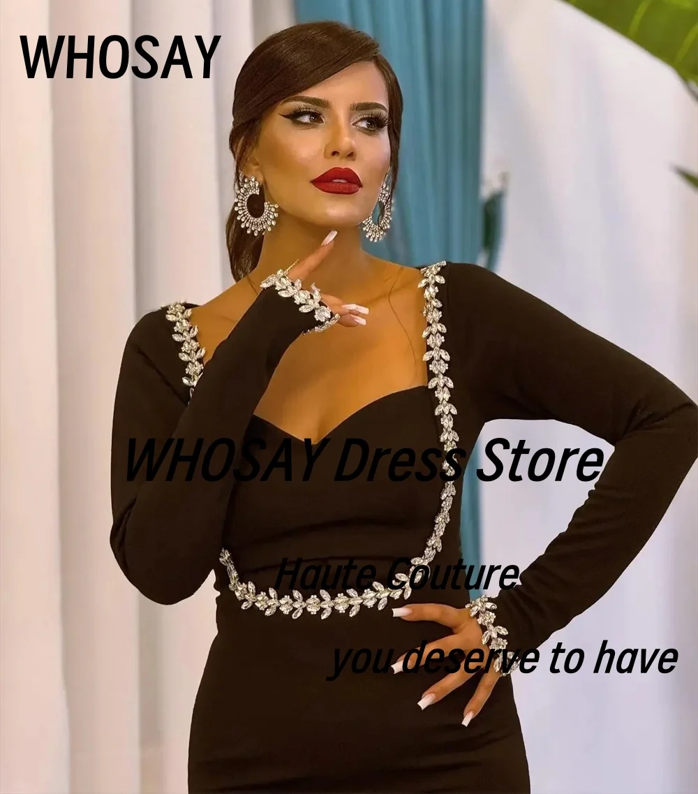 WHOSAY Preto Sereia Vestidos de Baile Cristais Pescoço Quadrado Vestidos de Noite de Festa Saudita Mangas Compridas فساتuden onderkusو