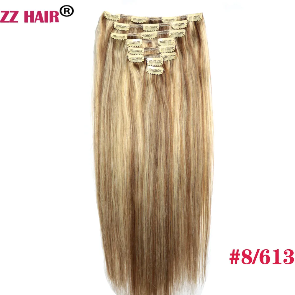 ZZHAIR 100% وصلات شعر ريمي بشري برازيلي 16 "-24" 8 قطعة مجموعة 120 جرام-140 جرام مقاطع في كامل الرأس مستقيم طبيعي