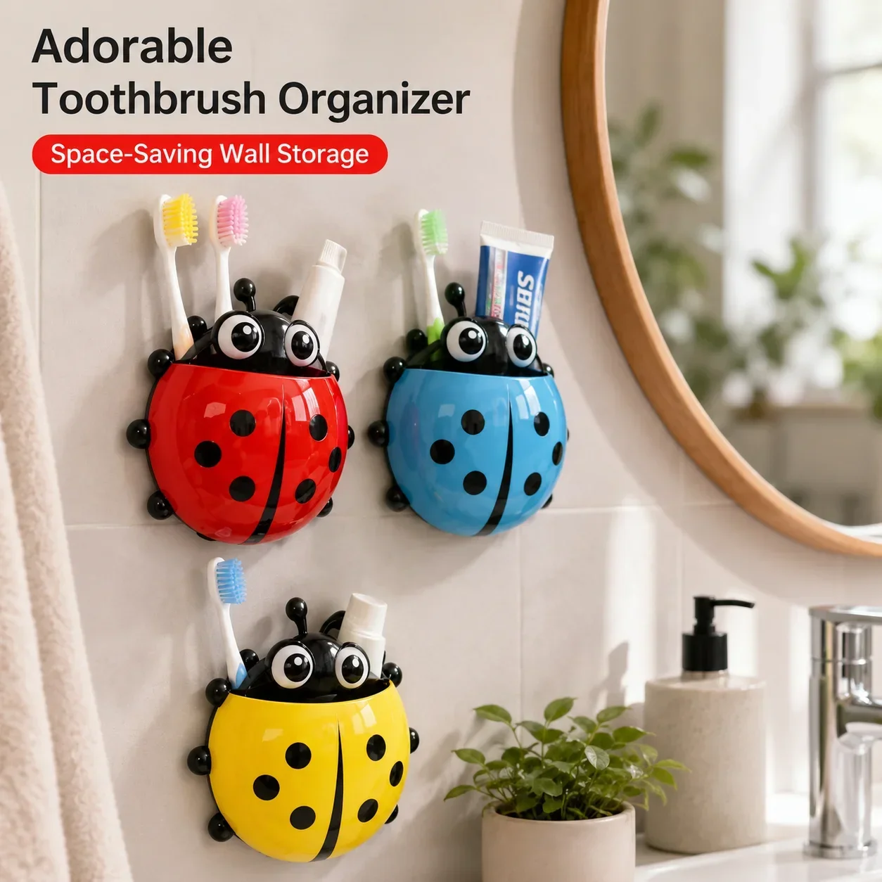 No Drill Ladybug Toothbrush Organizer, Cartoon Suction Cup Wall Mount Rack, Creative Bathroom Storage Holder