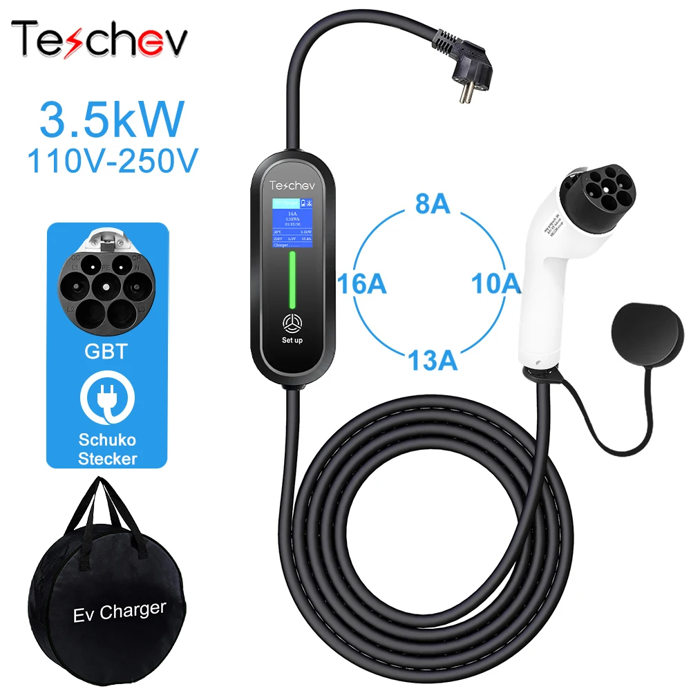 Teschev GBT Autolader 16A Portable EV Charger 3.5kW Wallbox 220V Elektrische Voertuig Auto Oplaadkabel