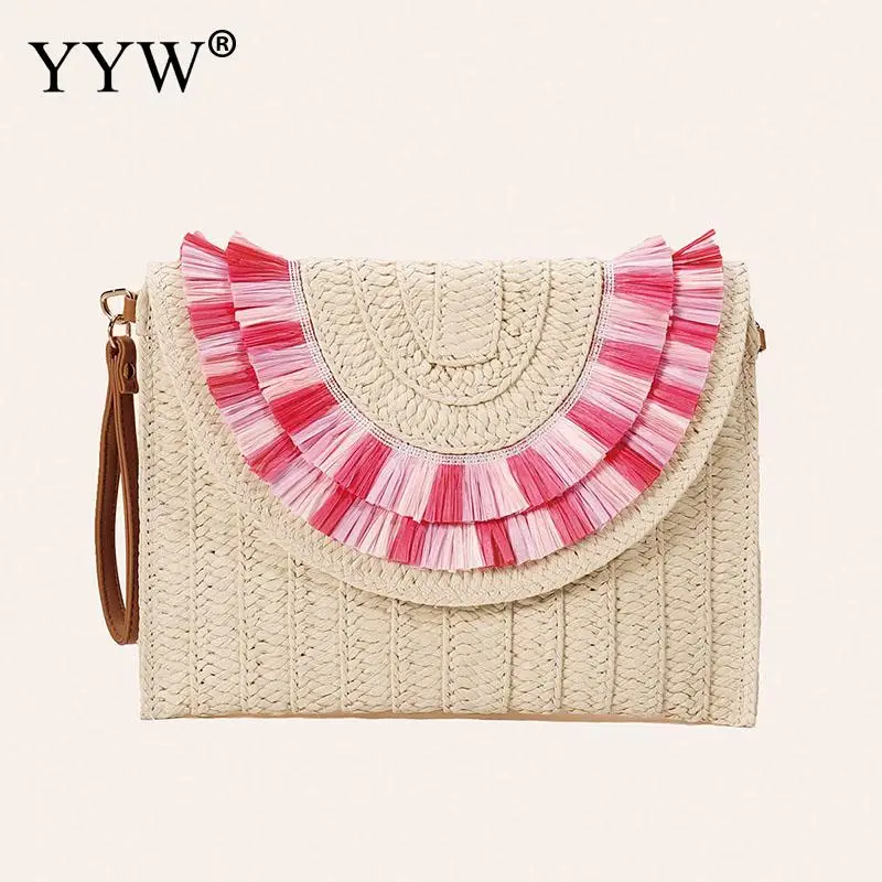 Eco-friendly Wheat Straw Clutch Handbag Summer Beach Women Hand Woven Envelope Purse Wallet with Strap Ladies Portable Soft Tote