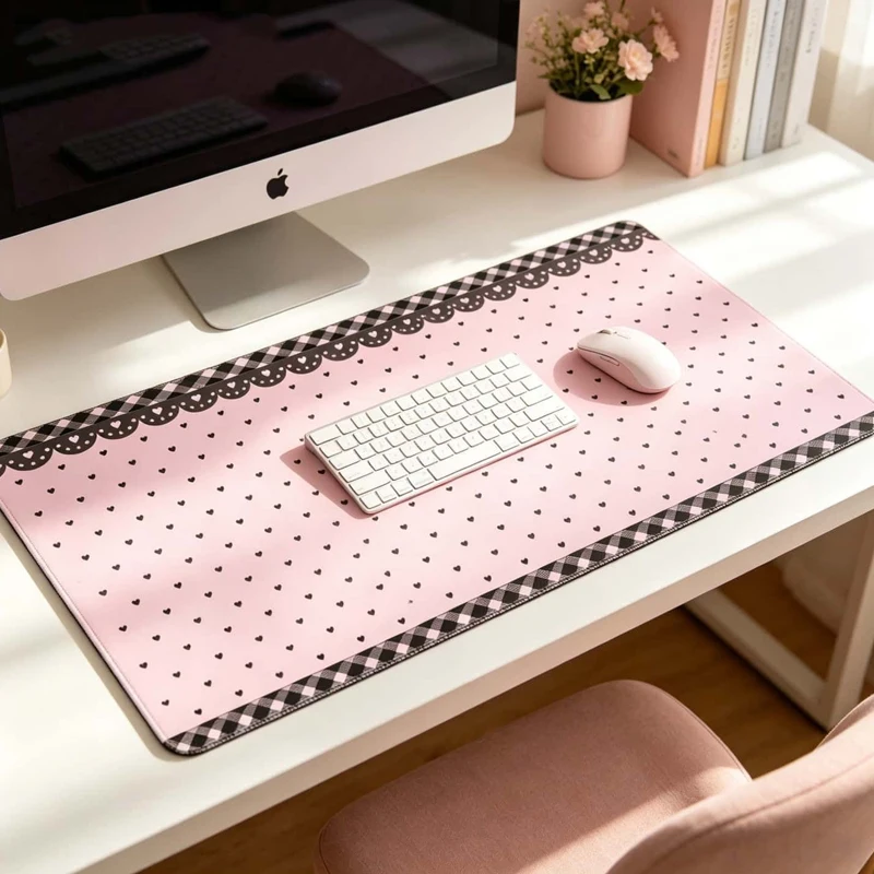 PU Leather Desk Pad Y2K Girl Heart Lace Wave Point Love Pattern Mouse Pad Waterproof Non-Slip Office Desk Protector Blotter Mat