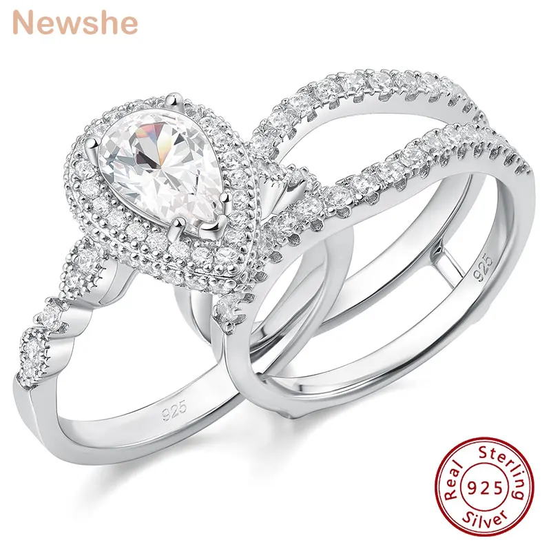 Newshe 2 Pieces 925 Sterling Silver Engagement Ring Enhancer Wedding Band for Women Pear Cut AAAAA Zircon Jewelry Size 4-13