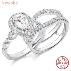 Newshe 2 Pieces 925 Sterling Silver Engagement Ring Enhancer Wedding Band for Women Pear Cut AAAAA Zircon Jewelry Size 4-13