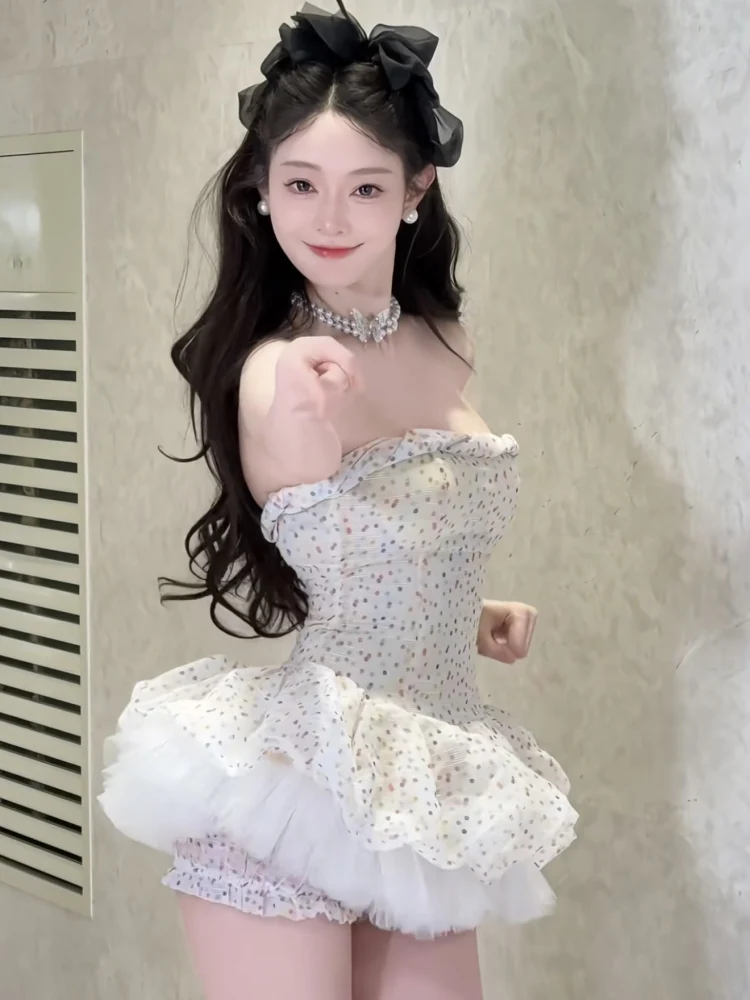 

Sweet Elegant Strapless Ball Gown Shortie Set Pure Desire Design Short Sleeve round Neck Summer Fashion Women's Two-Piece Suit