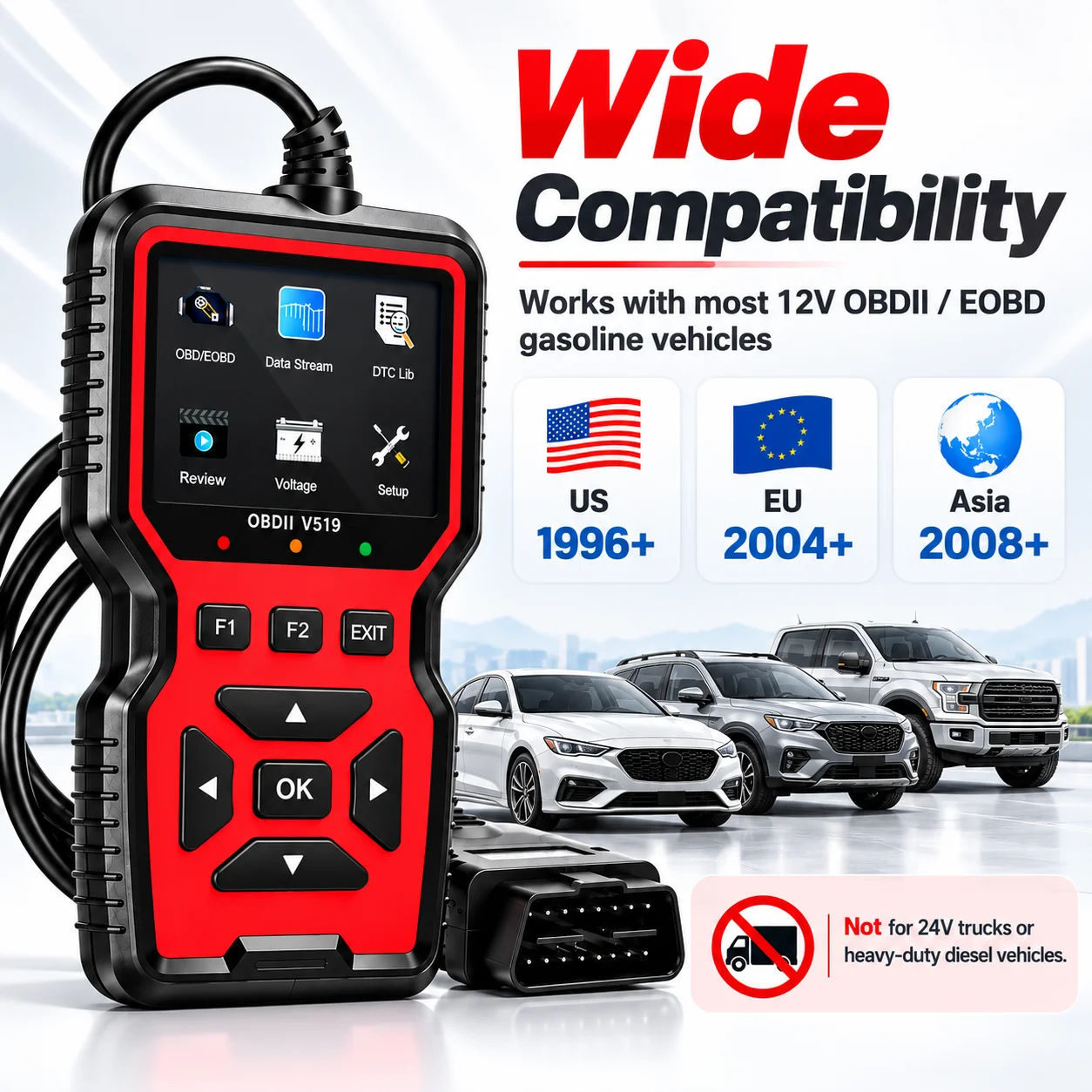 V519 OBD2 Scanner for Cars, Engine Fault Code Reader, OBDII EOBD Diagnostic Tool, DTC Code Reset, Live Data Stream, Automotive R
