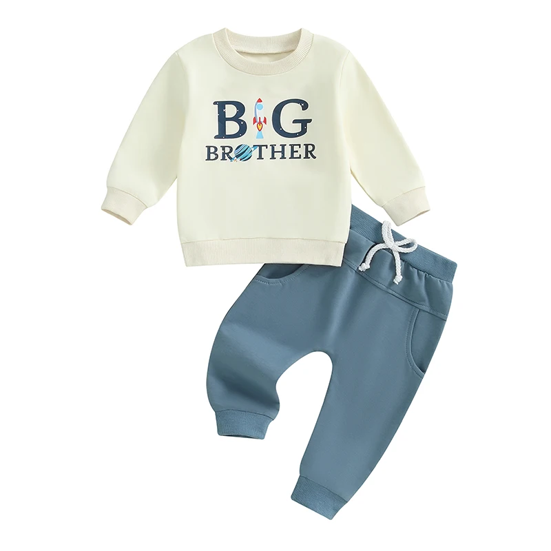 Kids Boys 2-piece Outfit Long Sleeve Letters Rocket Print Sweatshirt with Elastic Waist Sweatpants Fall Outfit