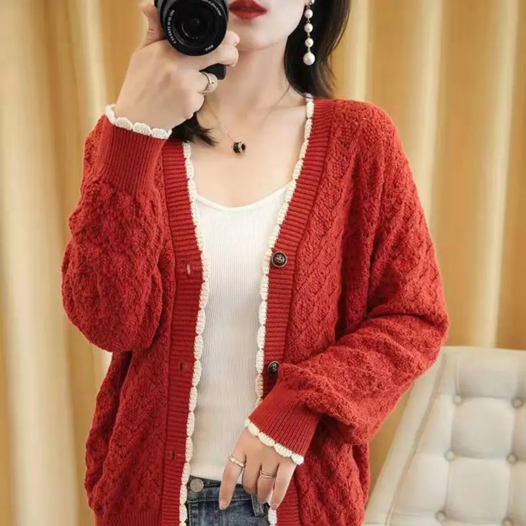 

Women's Crochet Cut out Knitted Cardigan Jacket Long-Sleeved V Neck Korean Style Early Autumn Outer Sweater Thin Ins