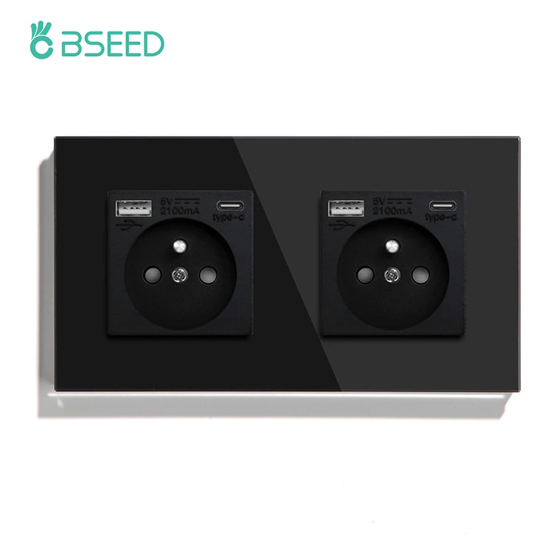 BSEED الفرنسية القياسية جدار واحد مآخذ الطاقة مزدوج فرنسا USB نوع-C ميناء المخرج الكريستال والزجاج لوحة حماية الأطفال 16A
