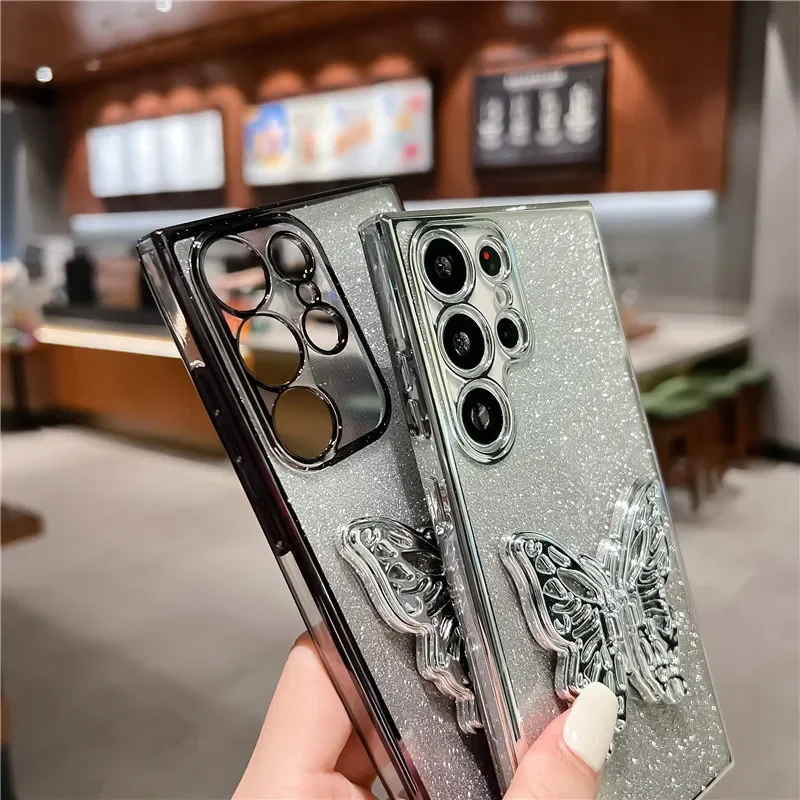 Luxury Butterfly Phone Holder Glitter Plating Case For Samsung S24 Plus S23 FE S22 Note 20 Ultra S21 S20 S10 S9 Plus Back Cover