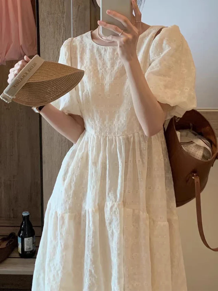 Korean Fashion Off-white Dress Women Summer Embroidered Midi Dress Female Elegant Vintage Loose Casual Puff Sleeve Party Dress