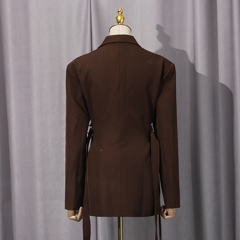 KBQ Solid Spliced Lace Up Chic Jackets for Women V Neck Long Sleeves Patchwork Buttons Temperament Tunic Jacket Female Autumn