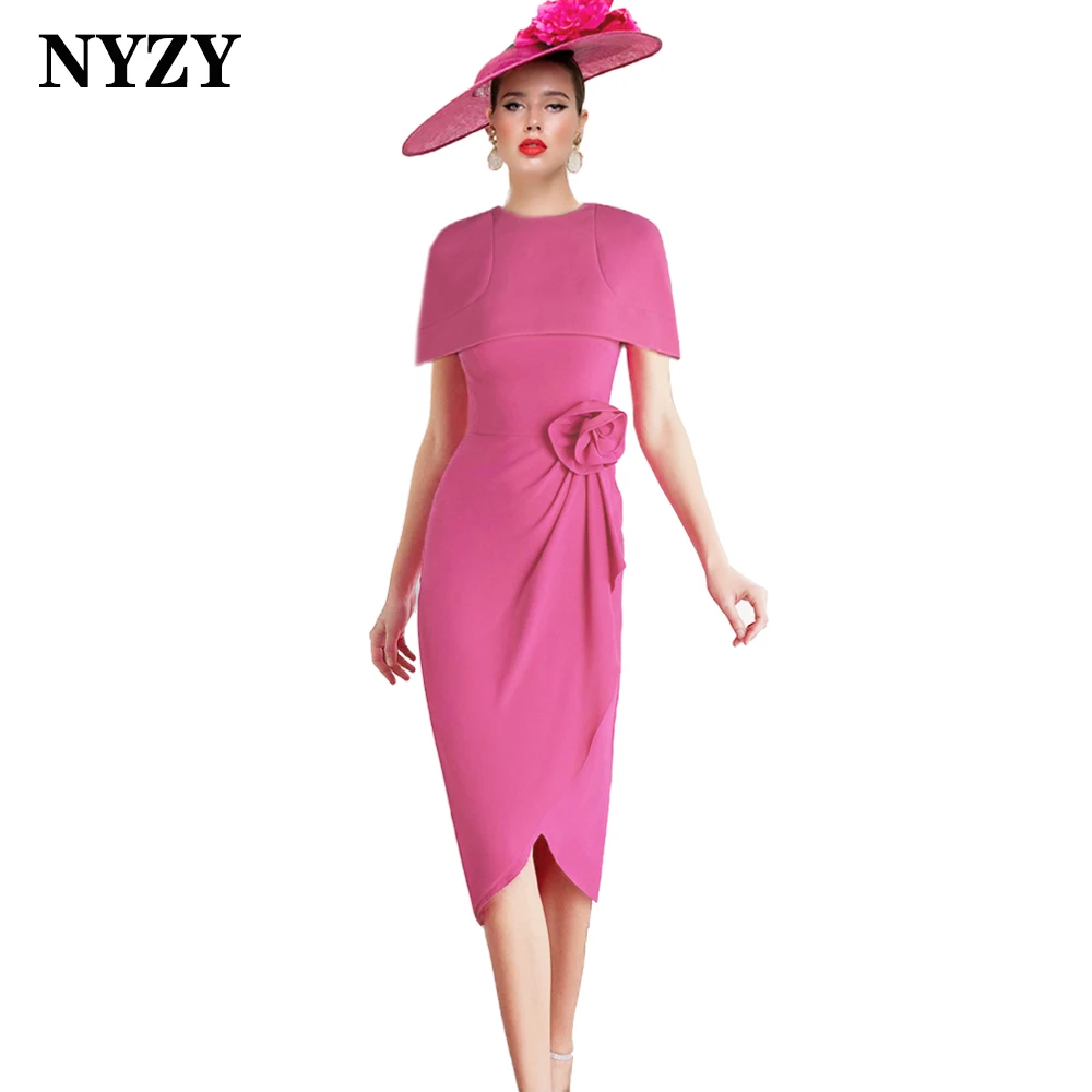 NYZY M418 Customized Elegant Jersey Hot Pink Mother of the Bride Groom Dress with Cape Coat  Wedding Party Church Suits