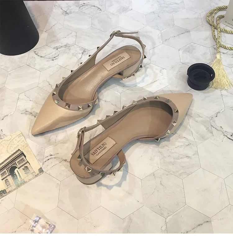 Summer New Rivet One line Buckle Middle Heel Spring Baotou Pointed Thick Heels Liuding Shoes Cool Slippers for Women's Outwear