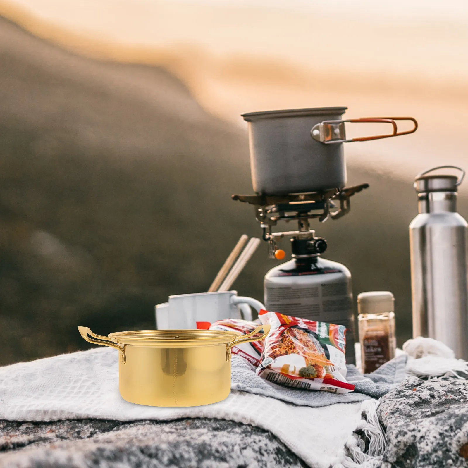 Stainless Steel Golden Small Hotpot Pot Multi-Functional Soup Cooking Pot for Ramen Noodles Shabu Stew Milk Stock Kitchen Use