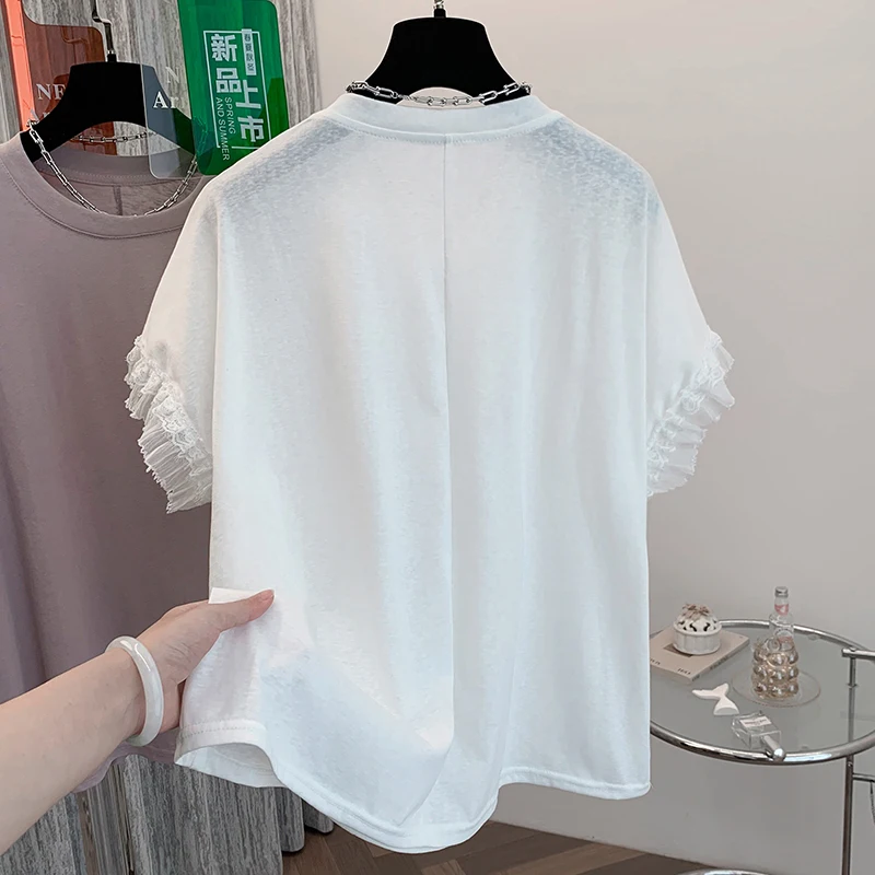 เสื้อยืดไซส์ใหญ่สำหรับฤดูร้อน ตกแต่งด้วยผ้าลูกไม้ ดีไซน์อเนกประสงค์ ผ้าคอตตอนผสม สวมใส่สบาย ทรงกลม สำหรับผู้หญิง