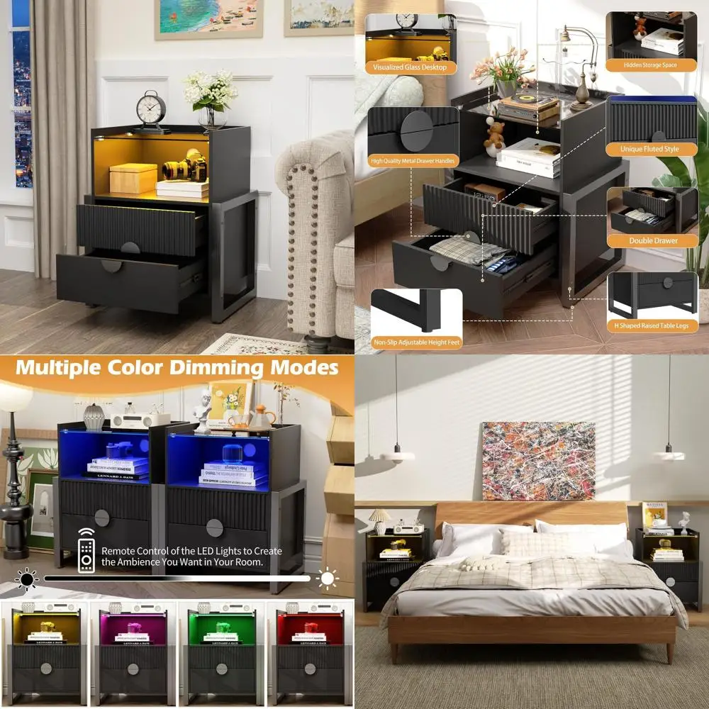 

Современная светодиодная тумбочка с зарядной станцией, 2 ящиками, стеклянной столешницей и металлическими ножками для спальни, гостиной или офиса