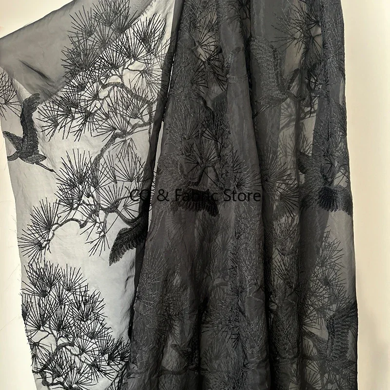High-Quality Embroidered Organza Fabric with Chinese-style Pine Crane Pattern for Wedding and Evening Dress Designers By Yard